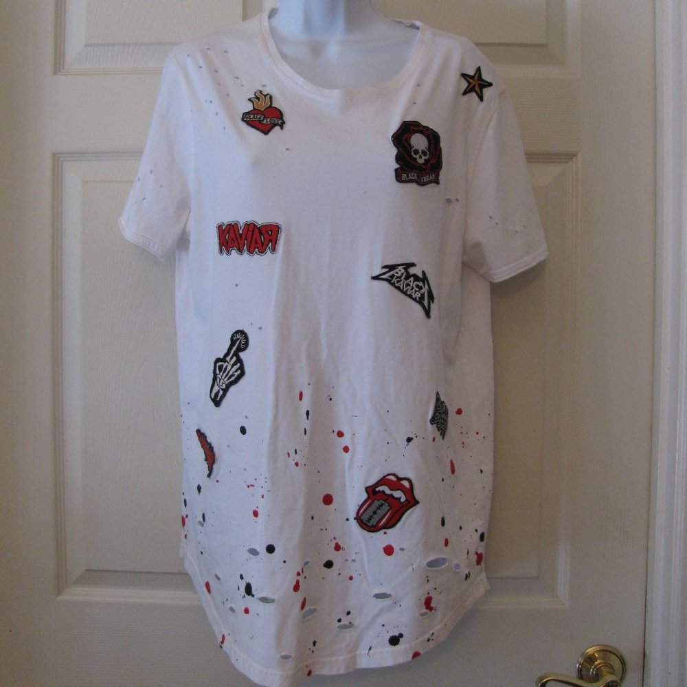 Black Kaviar Tshirt Tee Medium Destroyed Ink Spots Patches White Excellent SALE